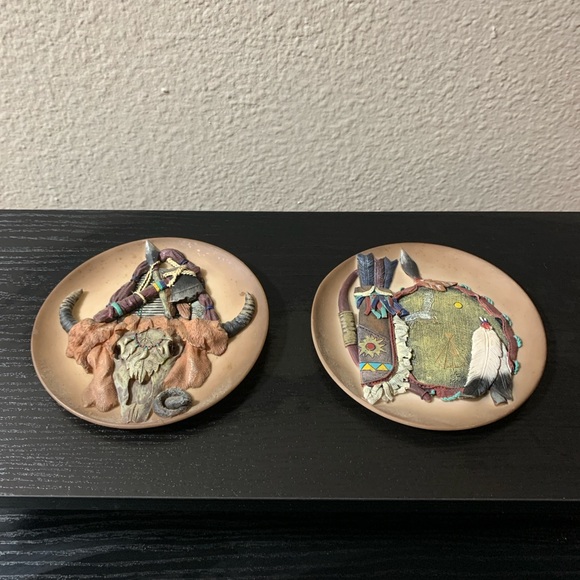 Embossed Native American Indian 3-D Decorative Clay Small Plates Set of 2 - Picture 1 of 4